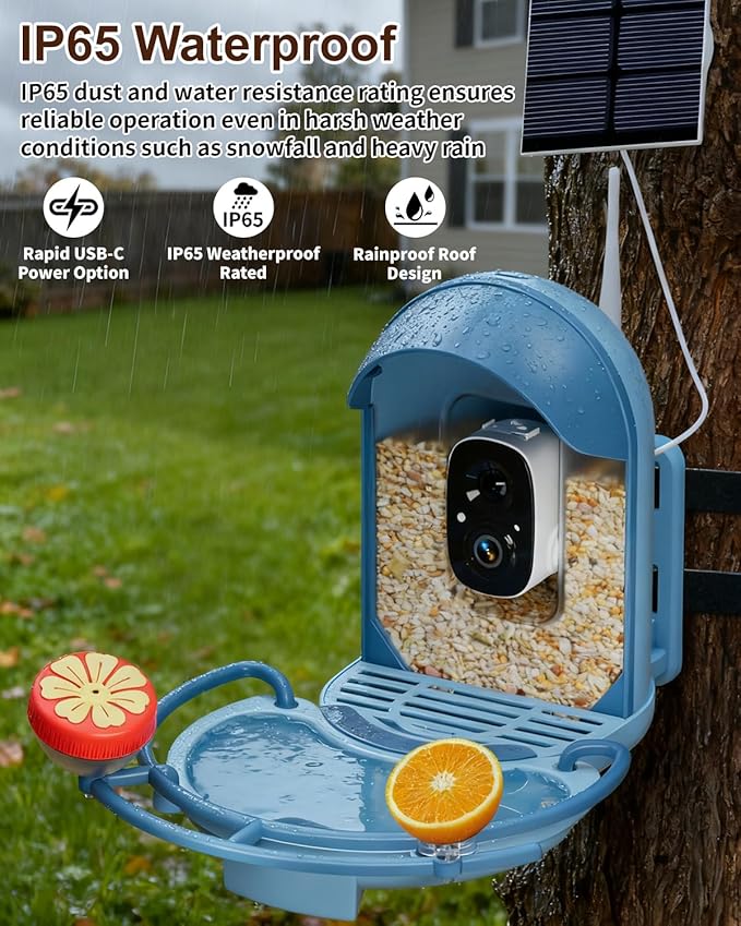 Bird Feeder with Camera, Smart Birdfeeder with Cam Solar Powered, 2K HD Video, AI Identification, Instant Arrival Alerts, IP66 Bird Bath & Feeder,Gift for BirdLover (with BirdBath, Blue)