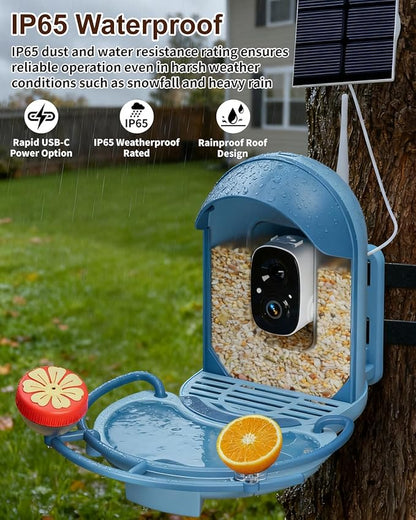 Bird Feeder with Camera, Smart Birdfeeder with Cam Solar Powered, 2K HD Video, AI Identification, Instant Arrival Alerts, IP66 Bird Bath & Feeder,Gift for BirdLover (with BirdBath, Blue)