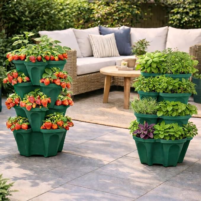 Large Vertical Planter Tower – 4 Tier Stackable Garden Planter, 28 Plant Sites, Commercial Grade Strawberry Planter, Heavy Duty Vertical Growing System with Center Support Hole (Deep Forest, Large)