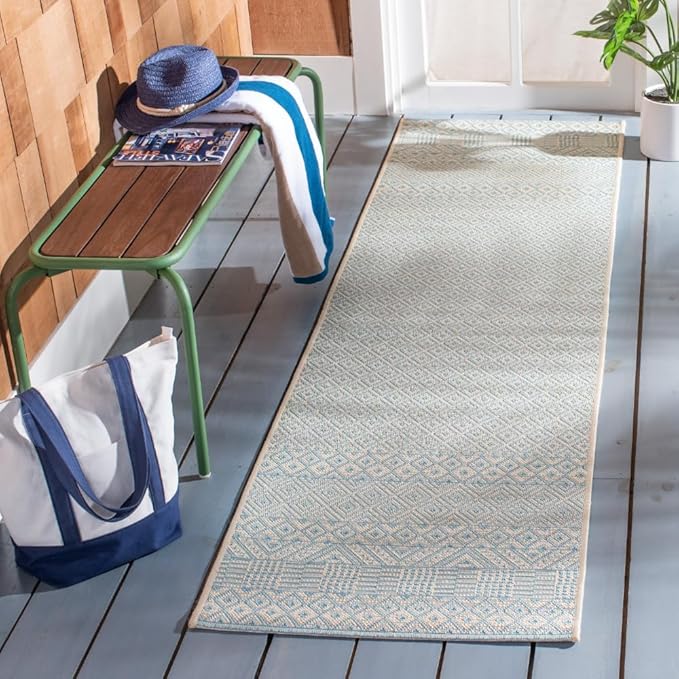 SAFAVIEH Washable Rug Outdoor Courtyard Collection - 2'3" x 8' Runner, Beige & Aqua Blue, Non-Shedding & Easy Cleaning, Ideal for Patio, Entryway, Mudroom, Hallway, Kitchen (CY6235-21312)