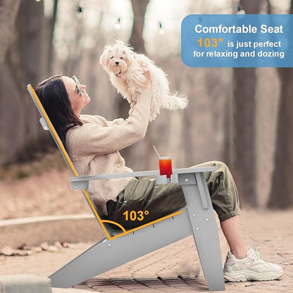 MXIMU Modern Adirondack Chairs Set of 4 Weather Resistant with Cup Holder Oversize Plastic Fire Pit Chairs Plastic Outdoor Chairs for Firepit Area Seating (Grey)