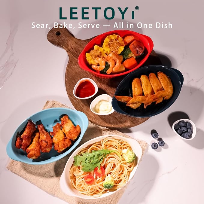 LEETOYI Porcelain Small Oval Au Gratin Pans, Set of 4 Baking Dish Set for 1 or 2 person servings, Bakeware with Double Handle for Kitchen and Home, White