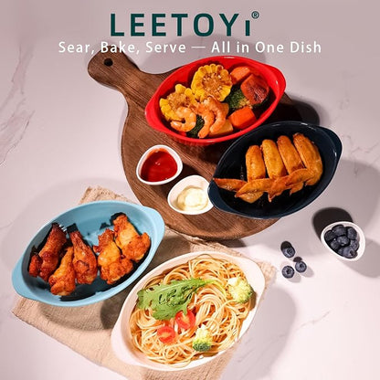 LEETOYI Porcelain Small Oval Au Gratin Pans,Set of 4 Baking Dish Set for 1 or 2 person servings, Bakeware with Double Handle for Kitchen and Home, Red