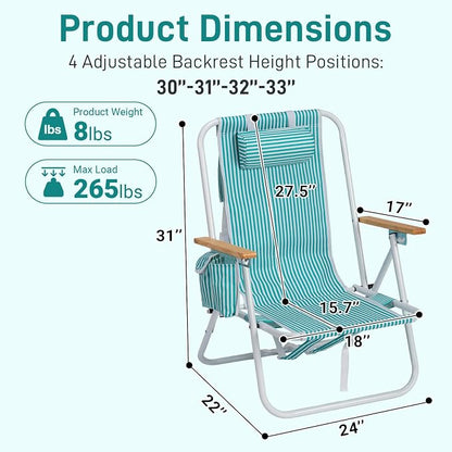 Outvita Folding Beach Chair, 4 Position Adjustable Reclining Lounge Chair with Padded Headrest, Large Rear & Side Storage Pockets, Lightweight Portable Outdoor Chair for Beach Pool Garden BBQ