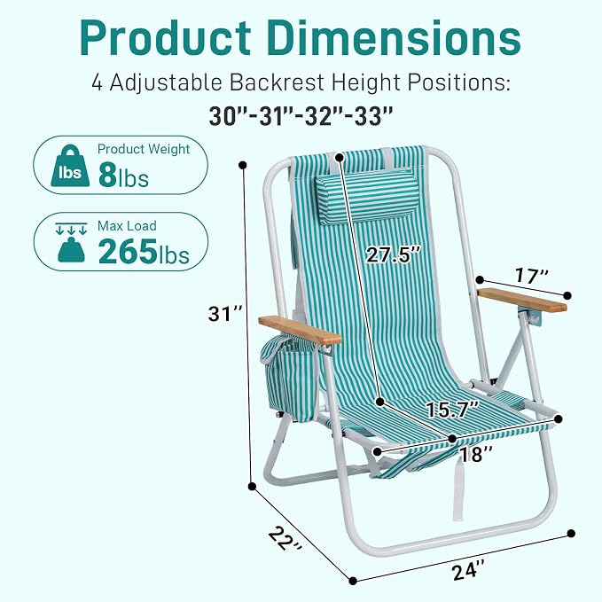 Outvita 2 Pack Folding Beach Chair, 4 Position Adjustable Reclining Lounge Chair with Padded Headrest, Large Rear & Side Storage Pockets, Lightweight Portable Outdoor Chair for Beach Pool Garden BBQ