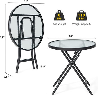 Giantex Folding Side Table, Round Small Patio Table, Tempered Glass Tabletop, Steel Frame, Weather-Resistant Outdoor Indoor Use for Bistro Porch Garden Balcony (Classic Round, 18"x18"x18.5")