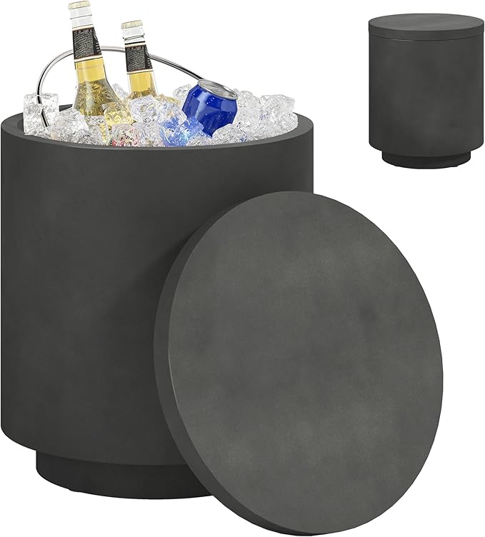 HOMCOM 2.6 Gal Outdoor Cooler Side Table, 3-in-1 Cool Coffee Table with Storage, Removable Ice Bucket and Lid, Concrete Small Patio Table for Party, Poolside, Deck, Charcoal Gray