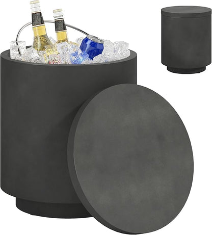 HOMCOM 2.6 Gal Outdoor Cooler Side Table, 3-in-1 Cool Coffee Table with Storage, Removable Ice Bucket and Lid, Concrete Small Patio Table for Party, Poolside, Deck, Charcoal Gray