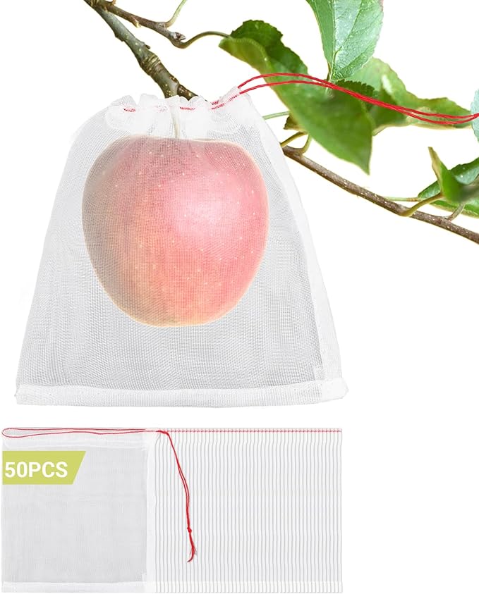 Mesh Fruit Bags, 50pcs 6x6 Inch Fruit Netting Bags with Drawstring for Plant Vegetables Fruit, Garden Fruit Protection Against Bird Insects Mosquito Pest Bug