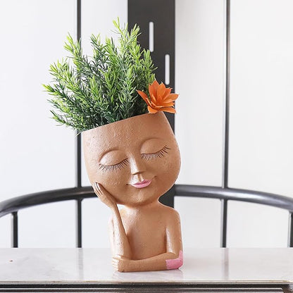 Cute Girl Face Plant Pot Resin Succulent Flower Pot Head Planter Pot for Home Decor Large Plant Holder with Drainage Hole for Indoor and Outdoor