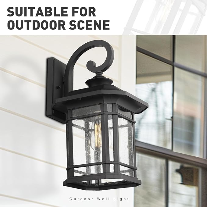 Emliviar Outdoor Wall Lights for House, 1-Light Exterior Wall Sconce Black Finish with Clear Seeded Glass, 17" Height, 22021M