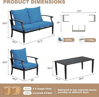 4-Piece Patio Furniture Set, Wider Outdoor Metal Seating Sofa with High Back & Loveseat, Coffee Table, All Weather Metal Conversation Set for Backyard, Poolside, Deck-Peacock