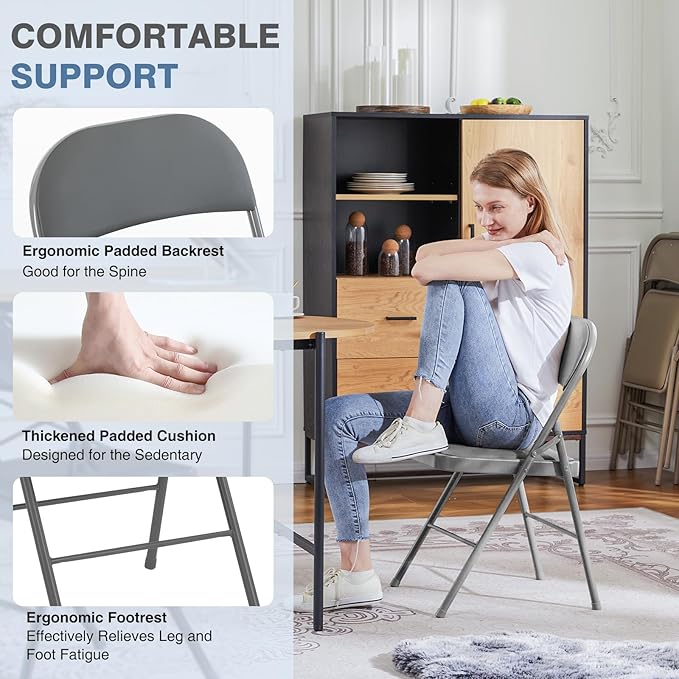DUMOS 6 Pack Folding Chairs with Padded Cushion and Back - PU Leather Stackable Portable Dining Chairs Set, for Home and Office, Conference, Wedding, Party, Patio, Garden, for Indoor Outdoor, Grey