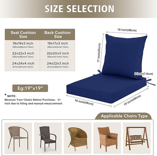 Outdoor Cushions for Patio Furniture, Waterproof Outdoor Chair Cushion w/Fade-Resistant, Removable & Machine-Washable Cover, 22x22 Inch, Deep Seat Sofa/Couch Pad Replacement – Set of 2, Navy Blue
