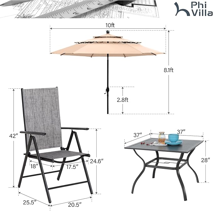 PHI VILLA Outdoor Patio Dining Set with 10ft Umbrella for 4, Outdoor Table Chairs Set with Adjustable Folding Patio Chair for Garden