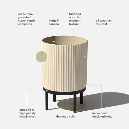 Veradek Demi Series Round Planter w/Stand for Porch/Patio | Durable Plastic-Stone Composite & Wooden Stand | Modern Décor for Tall Plants, Flowers