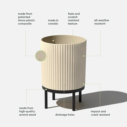 Veradek Demi Series Round Planter w/Stand for Porch/Patio | Durable Plastic-Stone Composite & Wooden Stand | Modern Décor for Tall Plants, Flowers