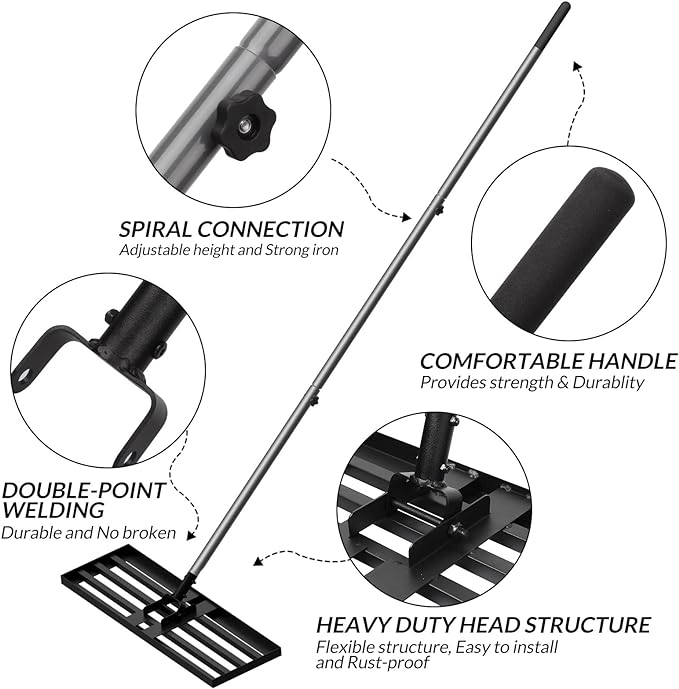 Walensee Lawn Leveling Rake, Levelawn Tool, Heavy Duty Effort Saving Lawn Level Tool, Steel Handle Lawn Leveler for Yard Garden Golf Course , Ease Level Soil Sand Dirt Surfaces, 7FT 30"x10"