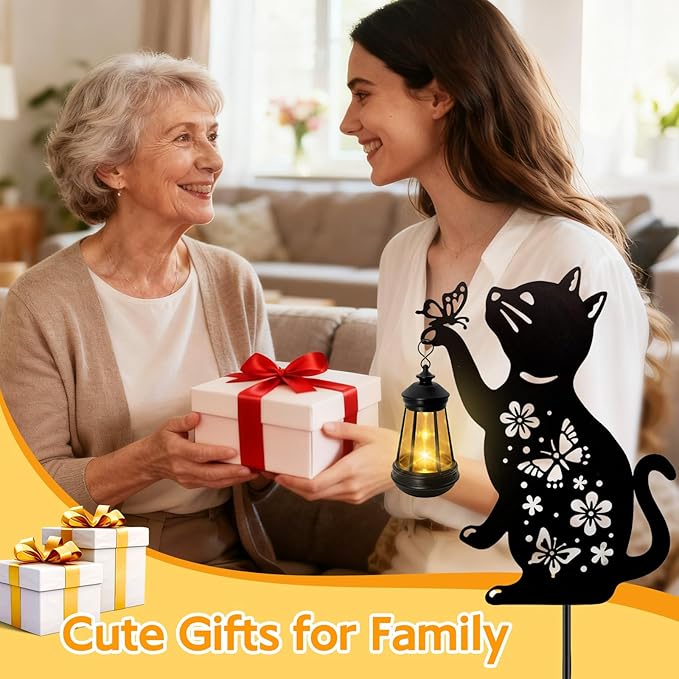 Cat Outdoor Solar Lantern Waterproof, Birthday Gifts for Christmas Women Mom, Solar Hanging Lights with Butterfly, Black Cat Metal Figurine Garden Decor Patio Yard Pathway Backyard Ornaments, 2 Pack