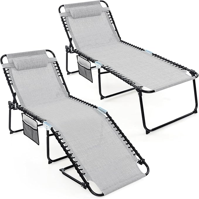 Goplus Chaise Lounge Chair Outdoor, Extra Large Folding 5-Postion Beach Lounger with Detachable Pillow, Side Pocket, Sunbathing Lounge Chair, Adjustable Tanning Chair for Patio Lawn Pool Yard