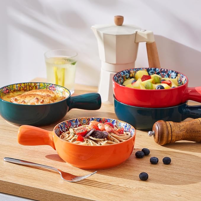 vancasso Boho 23 Oz French Onion Soup Bowls with Handles, Ceramic, Set of 4 | Bohemian ceramic soup crocks with handles,Microwave & dishwasher safe,6.2 inch, 23 oz, For cereal, pasta, stew & chili