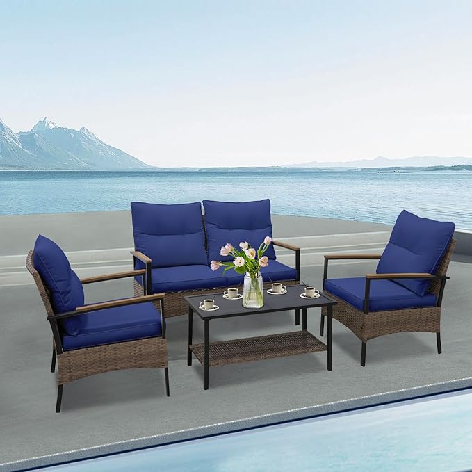 Sunset Escape Wicker Outdoor Furniture, Modern Sofa and Chair Set of 4, Rattan Patio Conversation Set, 2 Patio Chairs, Loveseat and Coffee Table, Brown/Blue