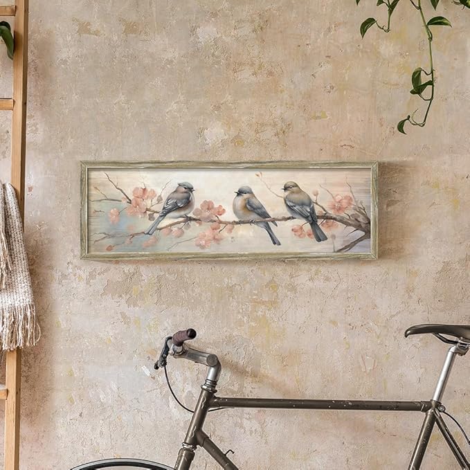 Rustic Chickadee Framed Wall Art: Vintage Bird Wooden Painting Colorful Cute Sparrow Picture Pink Flower Branch Prints Countryside Artwork Decor for Living Room Bedroom Farmhouse