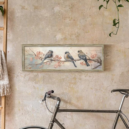 Rustic Chickadee Framed Wall Art: Vintage Bird Wooden Painting Colorful Cute Sparrow Picture Pink Flower Branch Prints Countryside Artwork Decor for Living Room Bedroom Farmhouse