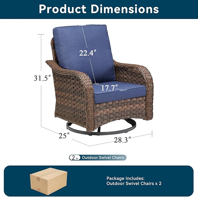 Outdoor Swivel Rocker Patio Chairs-High Back Wicker Swivel Rocker Patio Chairs Set of 2,All Weather Wicker Chair Patio Furniture Sets with Comfy Cushions for Porch Balcony Deck Brown/Blue
