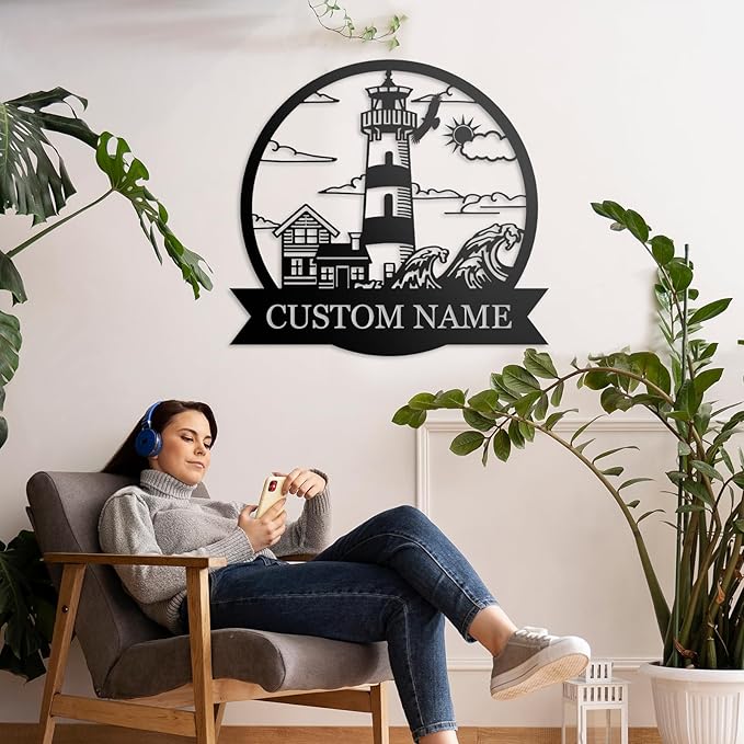 Personalized Metal Sign, Nautical Outdoor Decor, Lighthouse Beach Sign, Cabin Wall Art, Sailing Gift, Home Decor
