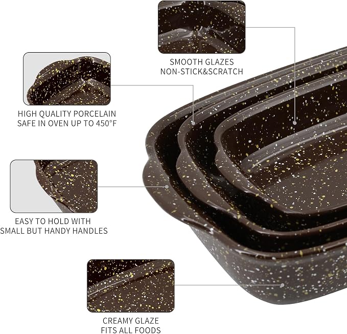 3-Pack Deep Rectangular Ceramic Baking Dishes, Heavy-Duty Oven-Safe Stoneware Casserole Pans for Lasagna Baking, High Heat Resistant Handcrafted Glazed Finish,Speckle Series(13.8''/12''/9.6'' Brown)