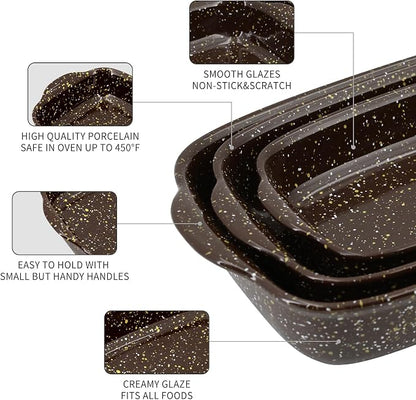 3-Pack Deep Rectangular Ceramic Baking Dishes, Heavy-Duty Oven-Safe Stoneware Casserole Pans for Lasagna Baking, High Heat Resistant Handcrafted Glazed Finish,Speckle Series(13.8''/12''/9.6'' Brown)