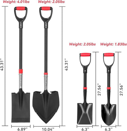 SHARK ATTACK 5-Piece Steel Shovel Set with D-Grip Handles Digging Shovel- Multi-Size Garden Shovels with Powder Coating for Digging, Planting & Car Emergency