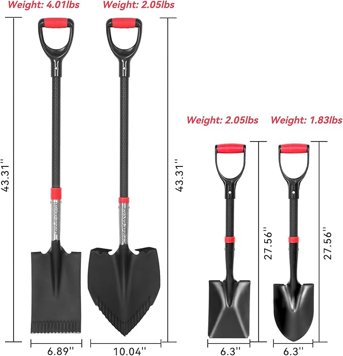 SHARK ATTACK 5-Piece Steel Shovel Spade Set with D-Grip Handles - Multi-Size Garden Shovels with Powder Coating for Digging, Planting & Car Emergency