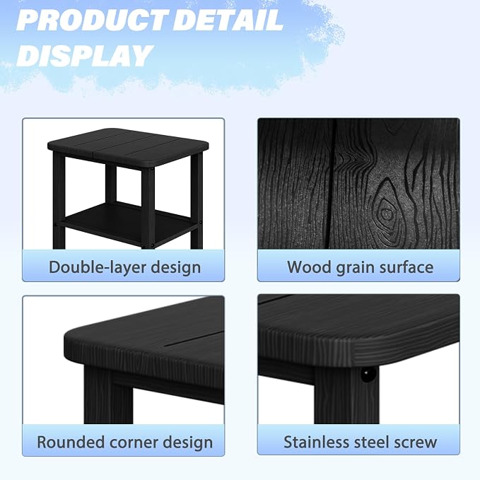 Ayge 17.7" Double Outdoor Side Table, Rectangular HDPE Adirondack End Table for Patio, Lawn, Pool, Garden, Backyard，Black