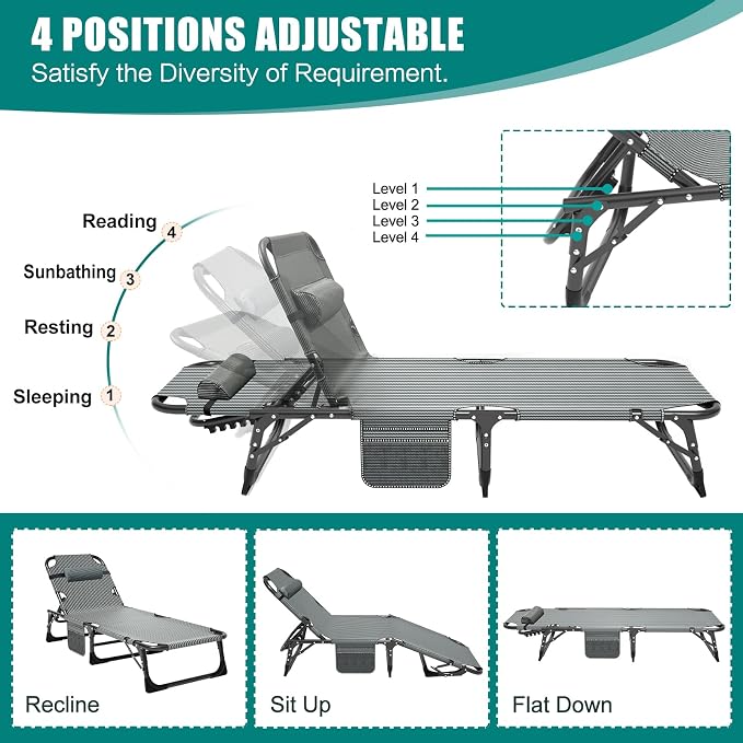 DoCred Folding Lounge Chair, 5 Position Adjustable Folding Sleeping Bed Cot Chaise Lounge Chairs Perfect for Sunbathing, Camping, Pool, Beach, Patio