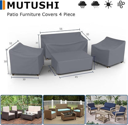 Patio Furniture Covers Set 4 Piece Outdoor Furniture Cover Waterproof, 600D Heavy Duty Lawn Outdoor Patio Furniture Set Covers - Grey Large