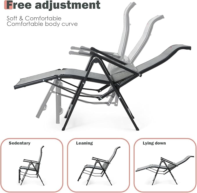 Folding Lounge Chaise,Outdoor Aluminum Beach Chair Tanning Recliners High Backrest with Removable Lumbar Pillow Assemble-Free for Sunbathing Patio Pool Beach Lawn Deck - Grey