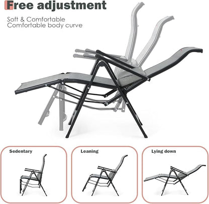 Folding Lounge Chaise,Outdoor Aluminum Beach Chair Tanning Recliners High Backrest with Removable Lumbar Pillow Assemble-Free for Sunbathing Patio Pool Beach Lawn Deck - Grey