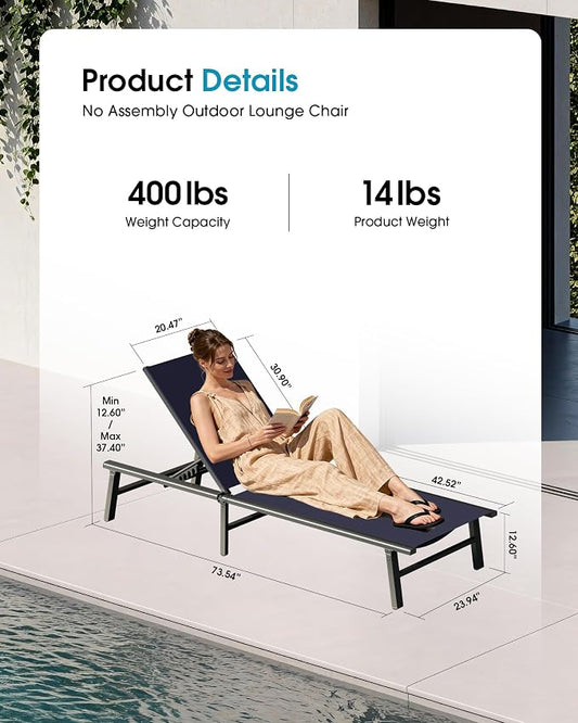 Ciokea Foldable Outdoor Lounge Chair Set of 4, No Assembly Aluminum Chaise Lounge Outdoor with 5-Positions, Aluminum Pool Lounge Chairs with Portable Design for Pool, Deck, Beach, Patio (Navy Blue)