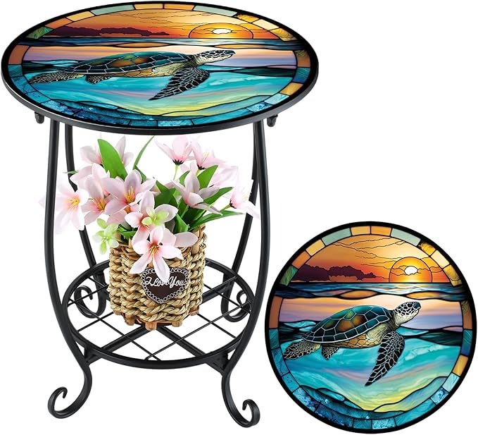 Cinnvoice Outdoor Side Table Round Small Mosaic Patio Accent Indoor End Plant Coffee Tea Table for Yard Patio Porch Garden Living Room, Bedroom(Turtle Style,16 Inch)