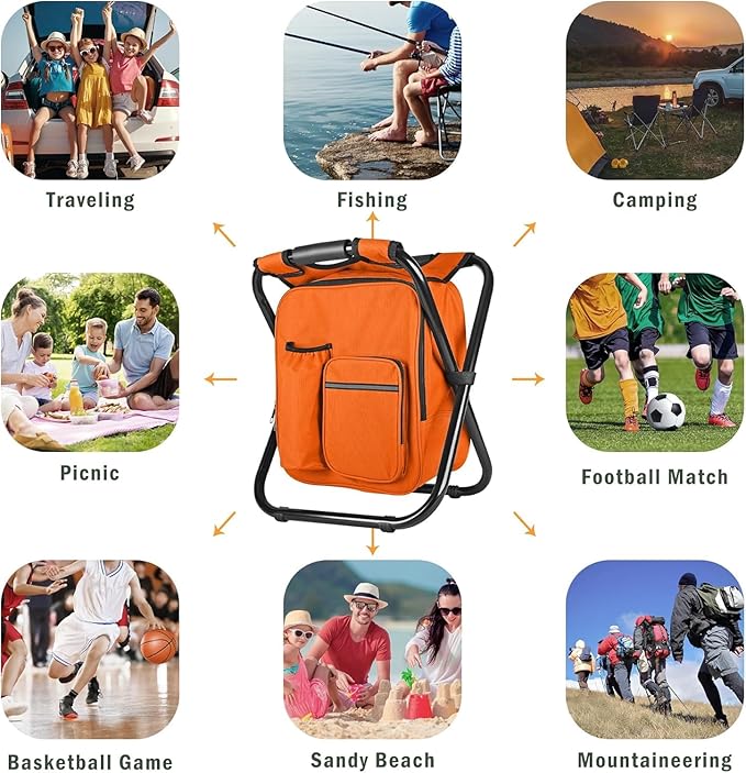 Kikerike Backpack Stool Cooler Chair Heavy Duty 300 LBS Max Load Portable Lightweight Stool Backpack Folding Fishing Cooler Seat for Camping Hunting Fishing - Orange