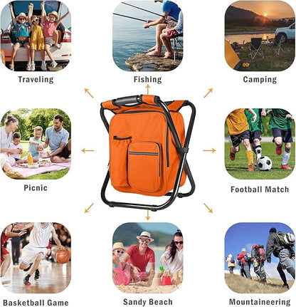Kikerike Backpack Stool Cooler Chair Heavy Duty 300 LBS Max Load Portable Lightweight Stool Backpack Folding Fishing Cooler Seat for Camping Hunting Fishing - Orange