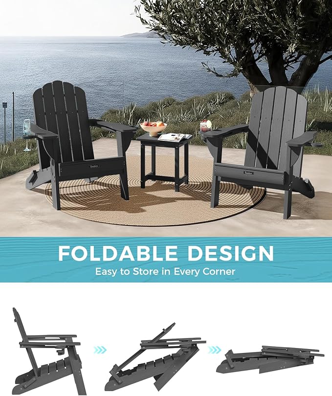 Adirondack Chairs Set of 4, Foldable Adirondack Chairs with 2 Cup Holder, Wood Texture HDPE Fire Pit Chairs, Outdoor Lawn Chair for Patio Garden, Dark Grey