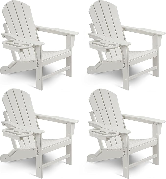 Adirondack Chair Set of 4, HDPE Folding Adirondack Chair with Multifunctional Cup Holder, Weather Resistant Fire Pit Chair for porches, patios, poolsides, Decks.