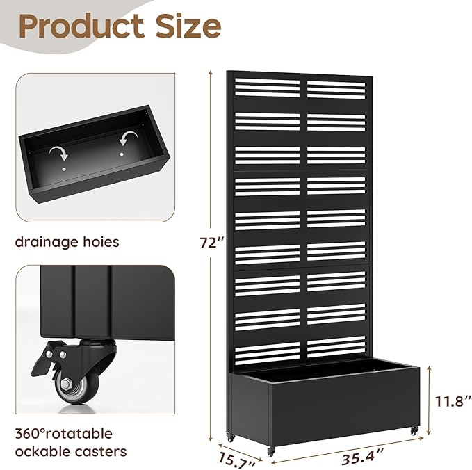 Metal Raised Garden Bed with Trellis & Wheels,72" x 35"x 15.7" Planter Box with Trellis,Privacy Planters for Patio,Garden Bed for Climbing Plants,Suitable for Climbing Plants and Vegetables,Black