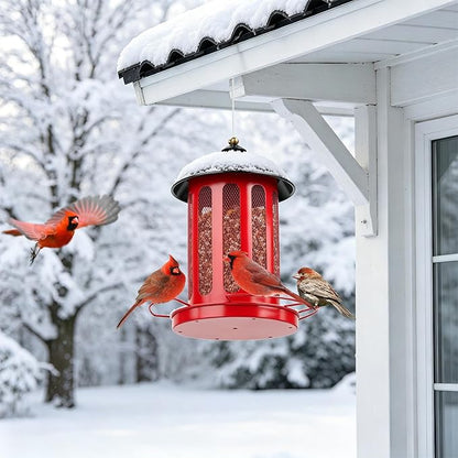 Bird Feeder, Large Capacity Bird Feeders for Outdoor Hanging, Heavy Duty Metal Wild Birdfeeder for Outside Garden Yard Decor, Retro Lantern Shape (Red)