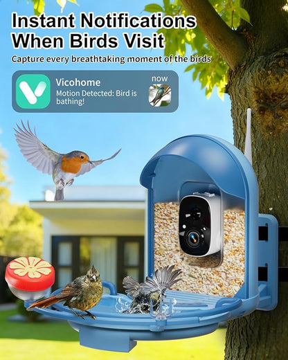 Bird Feeder with Camera, Smart Birdfeeder with Cam Solar Powered, 2K HD Video, AI Identification, Instant Arrival Alerts, IP66 Bird Bath & Feeder,Gift for BirdLover (with BirdBath, Blue)
