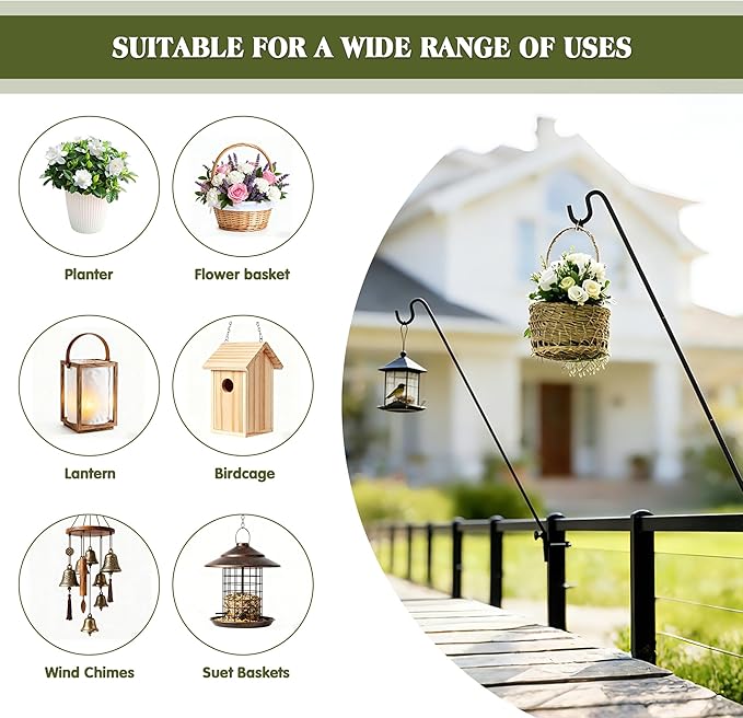 2 Packs Extended Fence Deck Heavy Duty Bird Feeder Hook, 360 Degree Rotary and Length Adjustable Plant Bracket for Bird Feeders Planters Suet Baskets Lanterns Wind Chimes and More