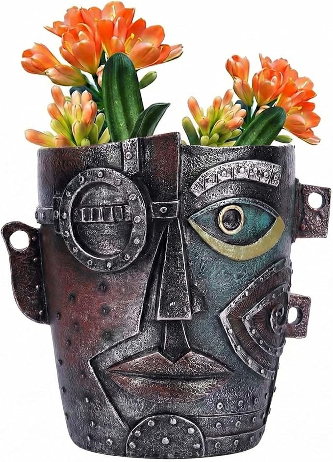 Abstract Face Planter Pot, Hand-Painted Resin Flower Pot with Top Opening for Planting, Decorative Planter for Indoor Plants, Art Accent Flowerpot Decor